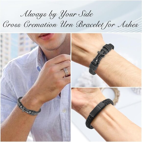 Men's Stainless Steel Leather Ashes Memorial Bracelet Cross Style Secure Keepsak - Picture 4 of 7